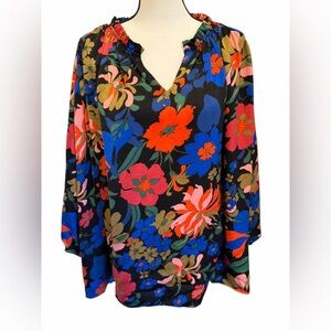 Entro Womens Top Size 1X Black Red Blue Floral Print 3/4 Sleeve V-Neck Oversized